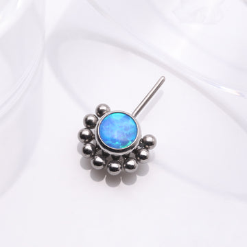 Detail View 1 of Implant Grade Titanium OneFit Threadless Bali Beaded Floral Fire Opal Front Facing Part-Blue Opal